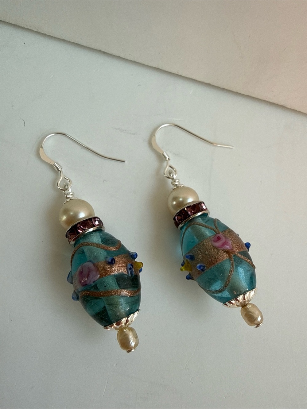 Handcrafted Turquoise Murano style Glass Wedding Cake Bead & Pearl Drop Earrings